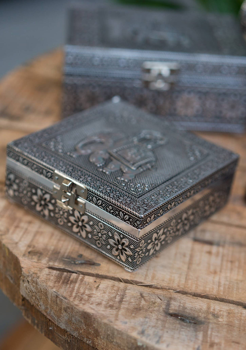 Square Silver Elephant Jewellery Box