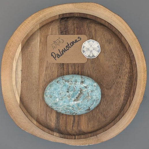 Amazonite stone and silver coin on a wooden dish with 'Palm stones' label.