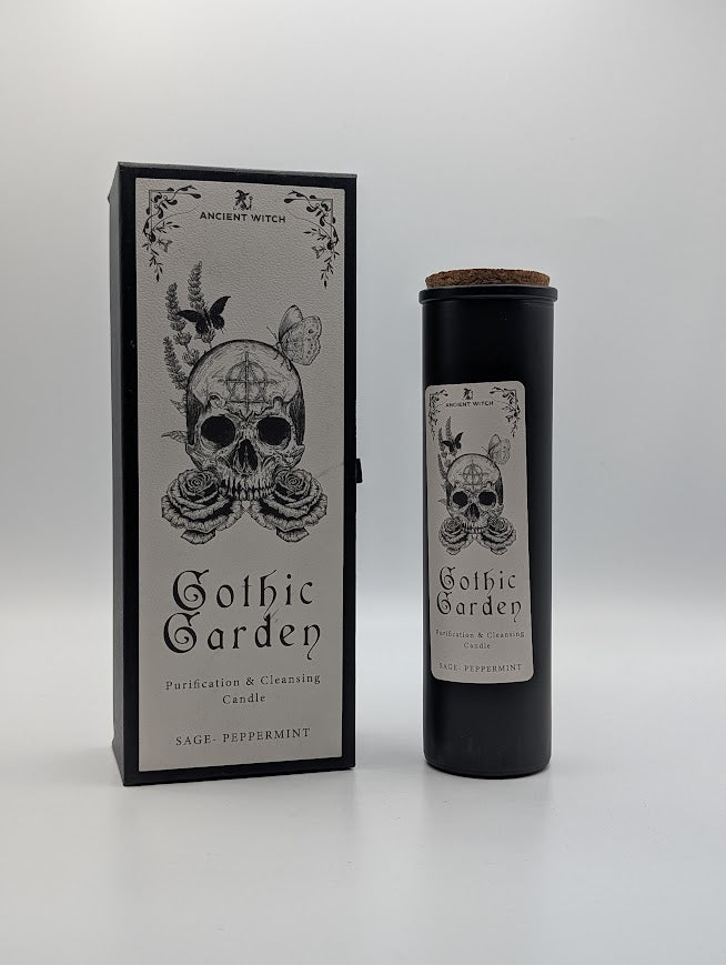 Gothic Garden tube candle with packaging on a white background