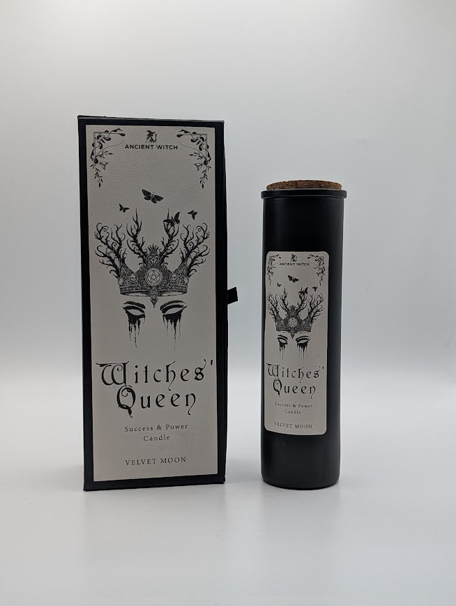 Witches' Queen candle packaging with black and white design on a white background