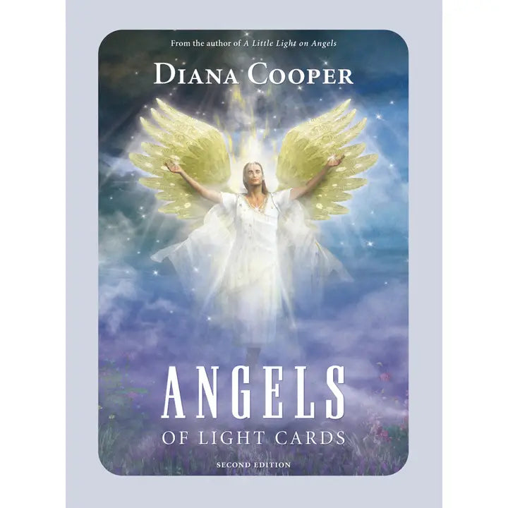  'Angels of Light Cards' Oracle deck by Diana Cooper with an angel illustration on a light blue background.