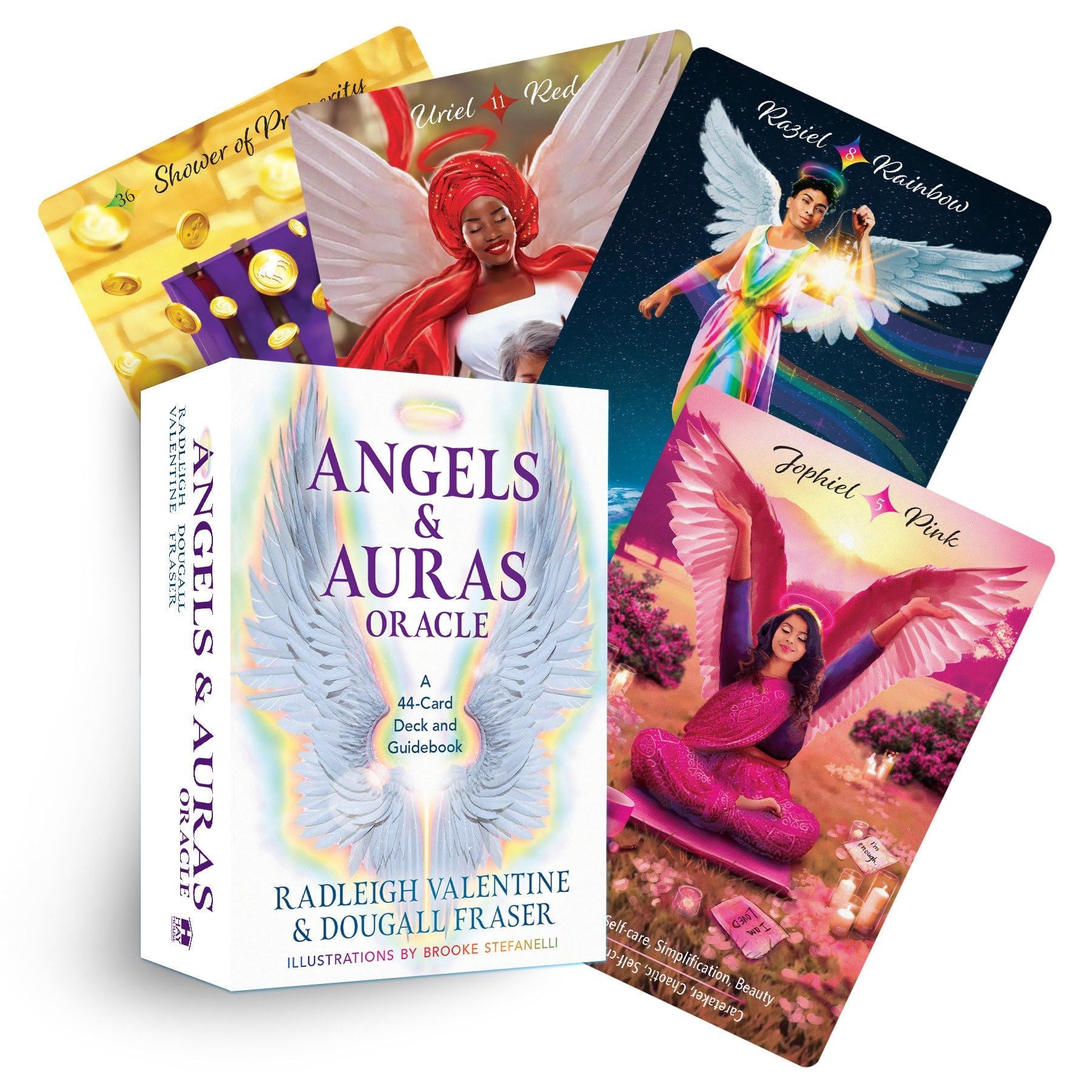 Angels & Auras Oracle cards with colorful illustrations of angels and a guidebook on a white background