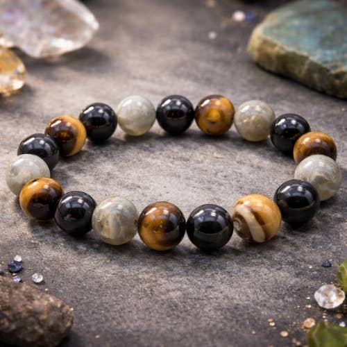 Labradorite, Black Tourmaline & Tiger Eye Bead Bracelet 10mm