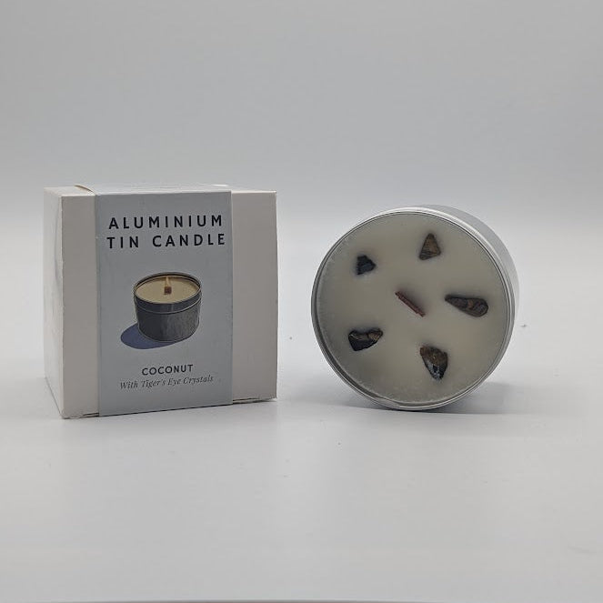 Coconut Tin Candle with Tiger's eye Crystals