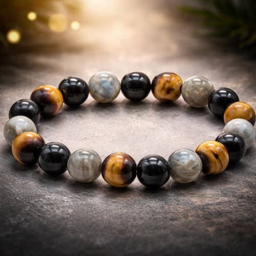 Labradorite, Black Tourmaline & Tiger Eye Bead Bracelet 10mm