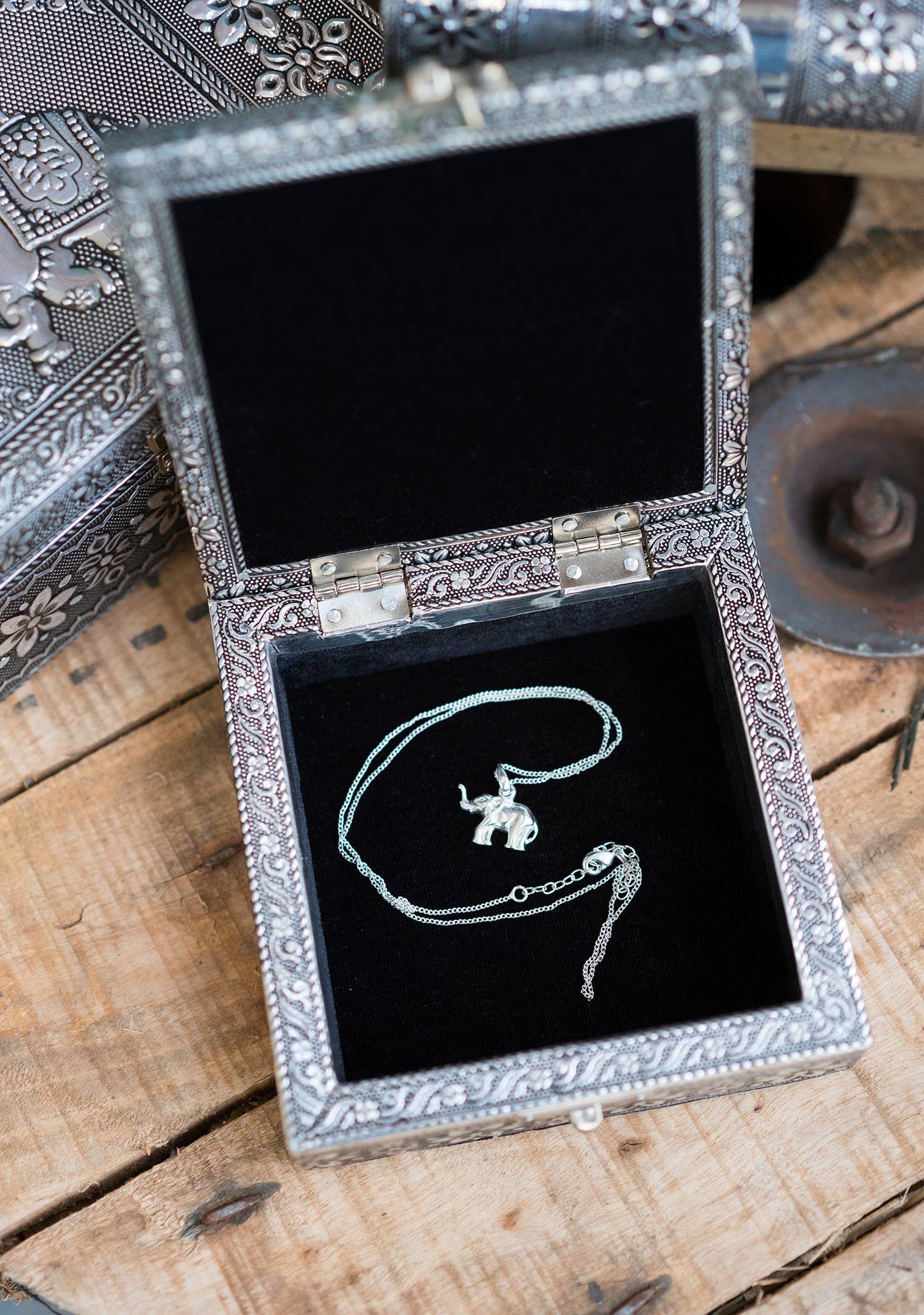 Square Silver Elephant Jewellery Box