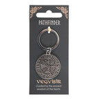 Silver Vegvísir keychain on Pathfinder packaging with decorative elements.