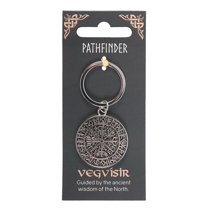 Silver Vegvísir keychain on Pathfinder packaging with decorative elements.