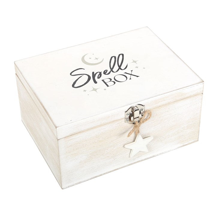 Wooden box labeled 'Spell Box' with a star charm on a white background